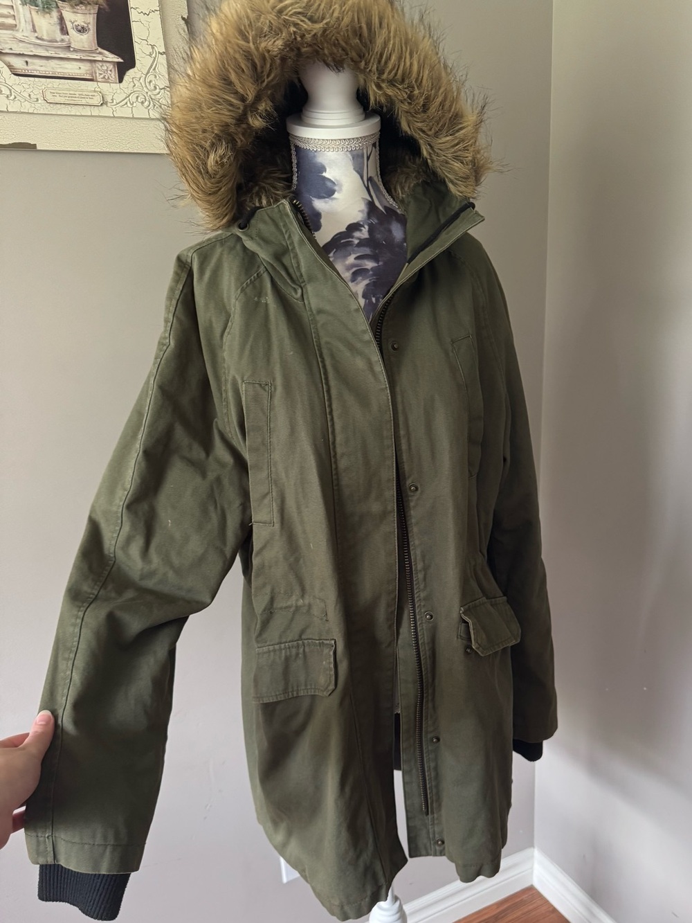 Ardene Olive Green Parka Jacket with Faux Fur Hood